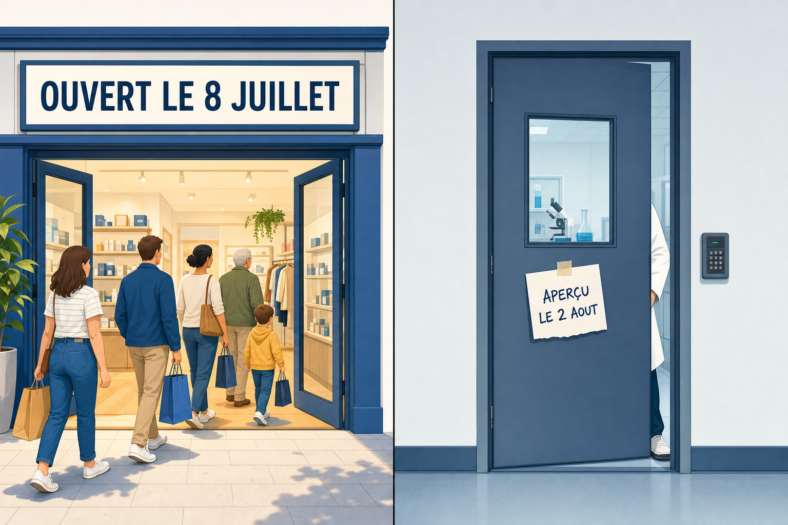 Deux panneaux, a gauche une boutique ouverte ou entrent des clients depuis le 8 juillet, a droite une porte de laboratoire fermee apercue le 2 aout