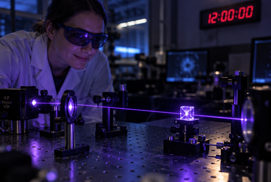 In a dark laboratory, a thin violet laser beam crosses an optical table and illuminates a tiny transparent crystal that glows softly, while a researcher in protective glasses watches it with a smile, in front of a wall-mounted digital clock