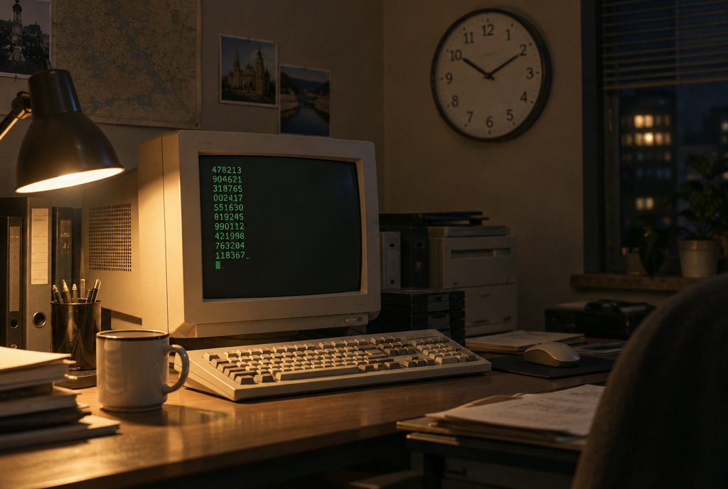 A 1997 office lit by a lamp: a beige cathode-ray monitor displays columns of numbers on a black background, with a beige keyboard, a cup and a round clock hanging on the wall behind