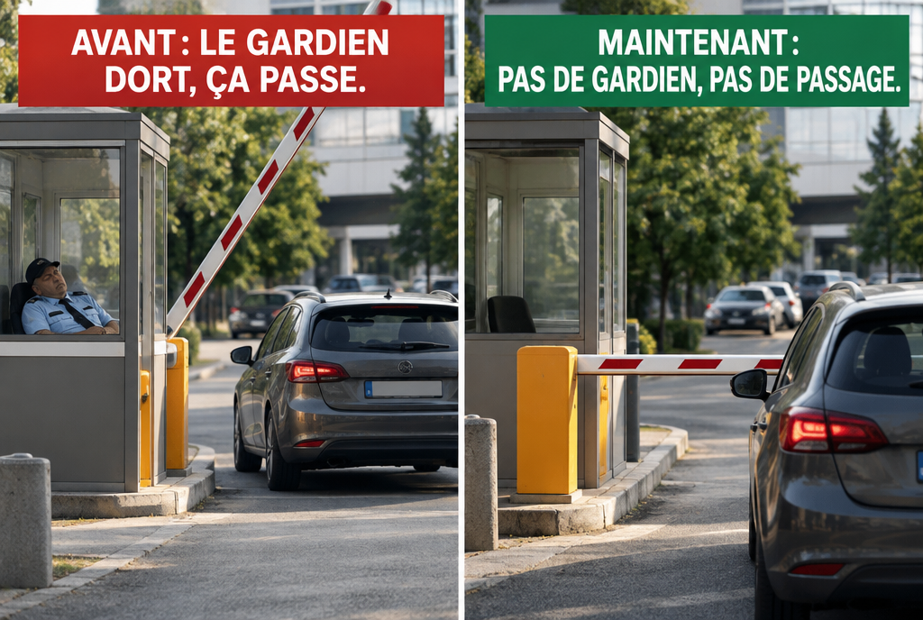 Avant et après, côte à côte, à la même barrière de parking : à gauche, le gardien dort dans sa guérite et la barrière est grande ouverte pendant qu'une voiture passe, sous l'étiquette « Avant : le gardien dort, ça passe » ; à droite, la guérite est vide, la barrière est fermée et la voiture est arrêtée devant, sous l'étiquette « Maintenant : pas de gardien, pas de passage »