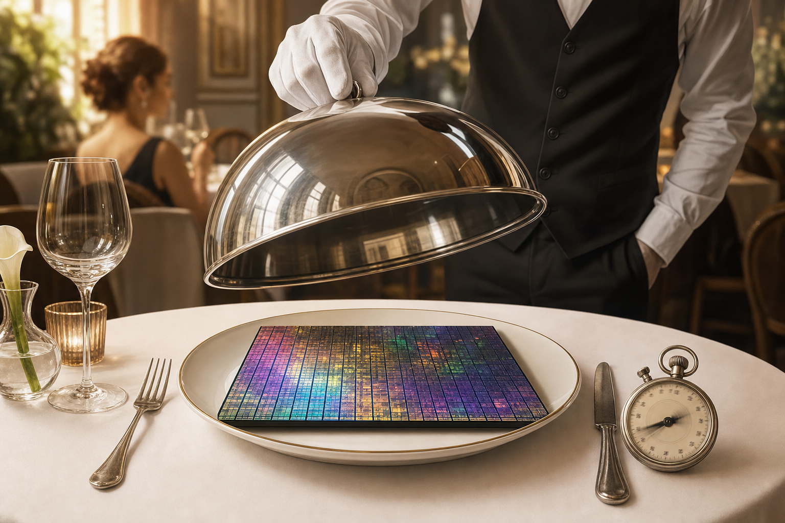 Un maitre d hotel souleve une cloche et devoile une galette de silicium servie comme un plat, un chronometre pose a cote des couverts