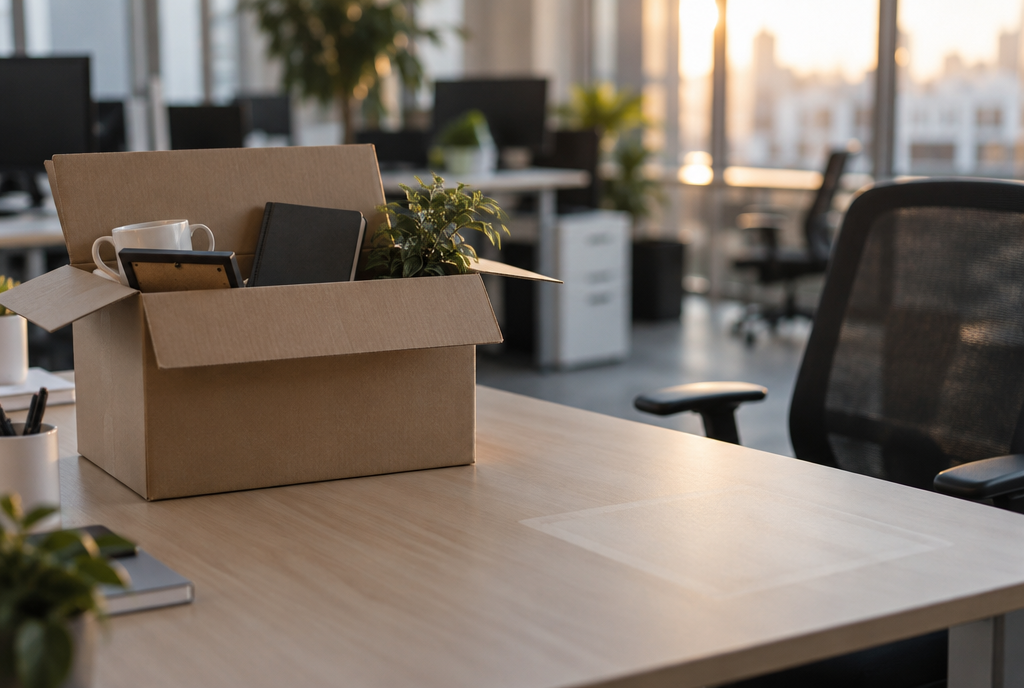 An open moving box on an emptied desk, with a mug and a notebook inside