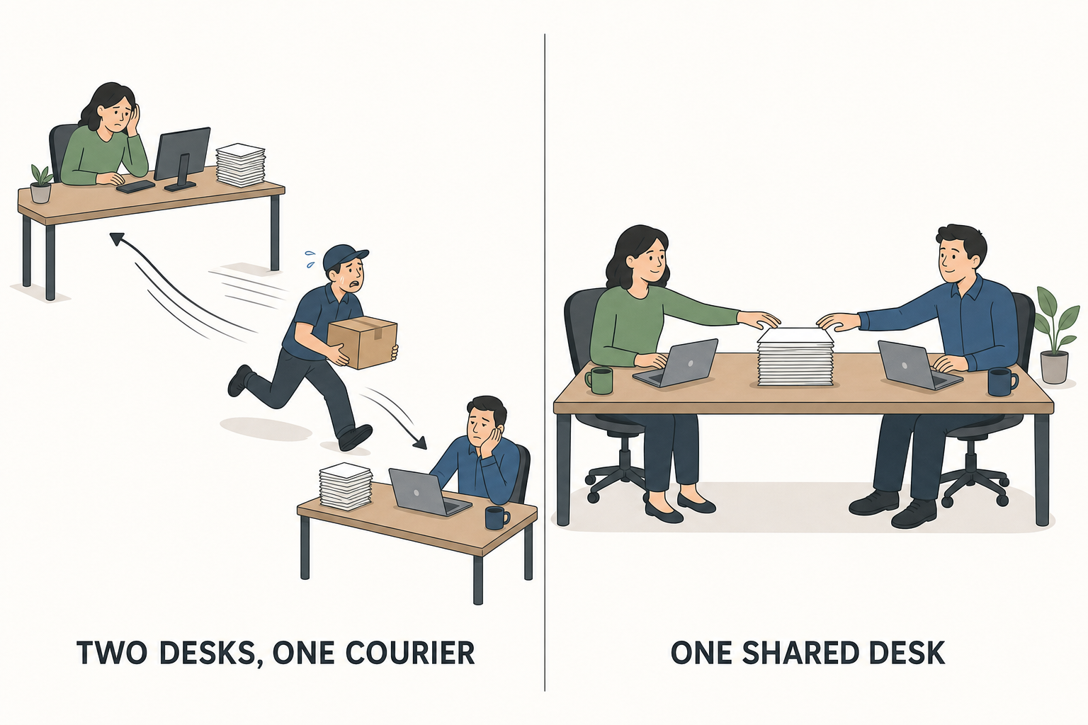 On the left two separate desks with a courier running between them, on the right a single shared desk