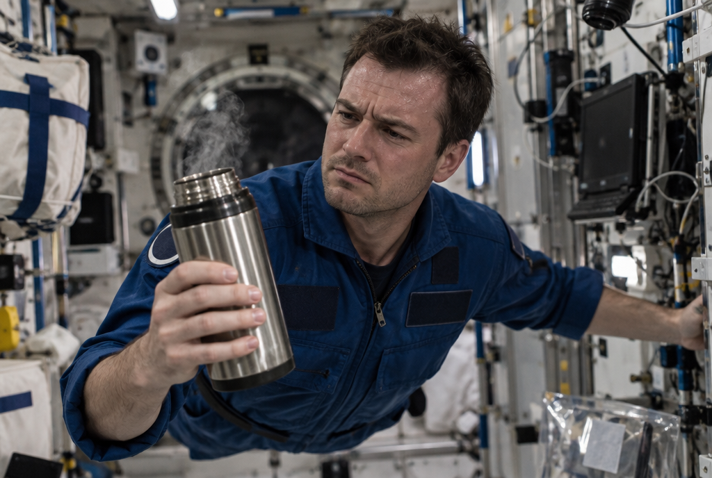 À l'intérieur d'une station spatiale, un astronaute en flottaison tient un thermos d'où sort de la vapeur et le regarde d'un air perplexe