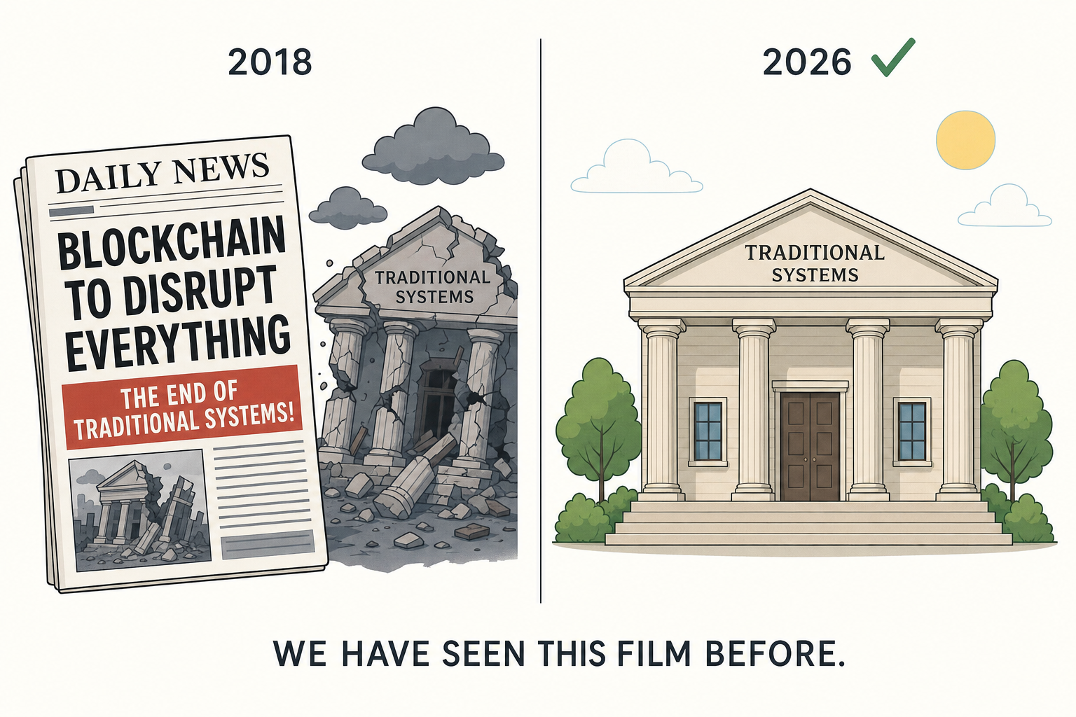 A 2018 newspaper announcing the end of free software, and the library still standing in 2026
