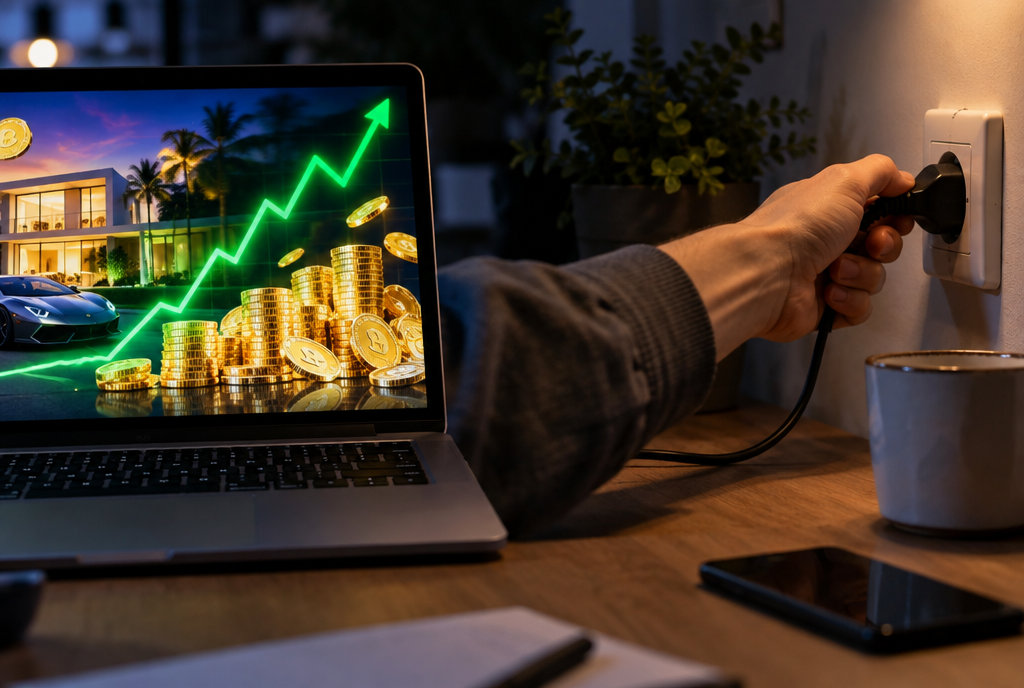 Une main débranche d'un coup sec la prise électrique d'un ordinateur portable dont l'écran affiche un faux site d'investissement tape-à-l'œil, courbes vertes qui montent et pièces dorées