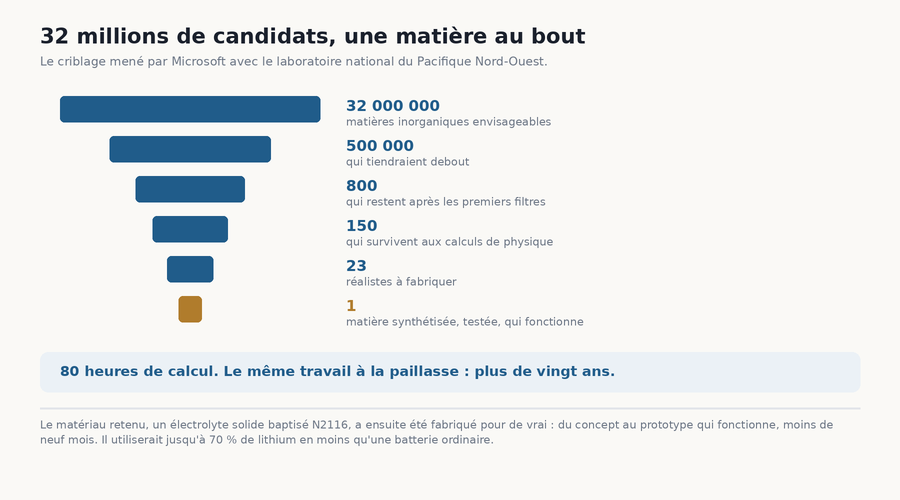 Entonnoir montrant le tri de 32 millions de matières candidates jusqu'à une seule retenue