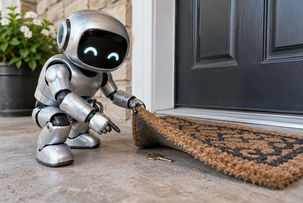 In front of an entrance door, a lifted doormat reveals a hidden key underneath, and a small crouching robot points at it with a satisfied look