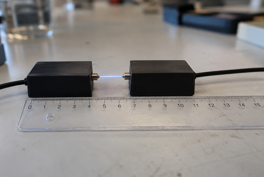 Sur une table de laboratoire, deux petits boîtiers noirs presque collés l'un à l'autre, reliés par un tout petit fil de lumière bleue, devant une règle d'écolier qui montre qu'ils ne sont séparés que de quelques centimètres