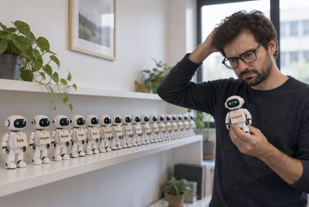 On a long white shelf, sixteen identical small white robots lined up like clones each wear a level label, low, medium, high, while a developer scratches his head holding one of them in his hand