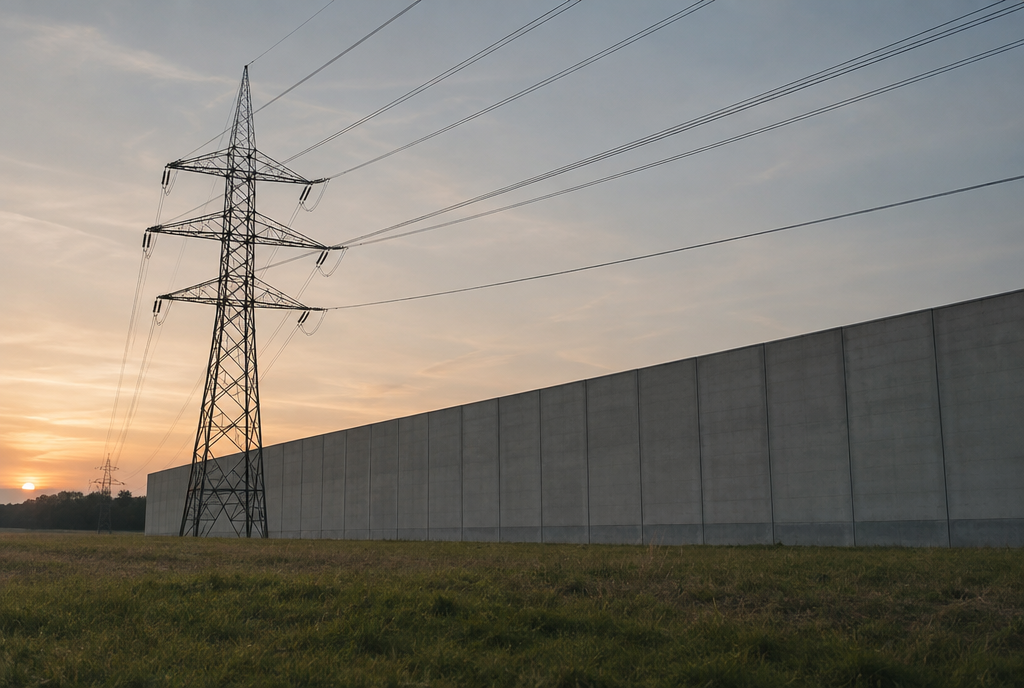 High-voltage line above a windowless datacenter wall
