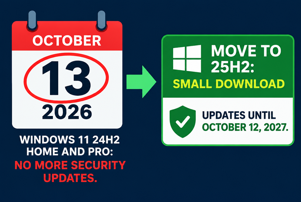 Calendar: on October 13, 2026, Windows 11 24H2 Home and Pro no longer receives security updates. Move to 25H2, small download, updates until October 12, 2027