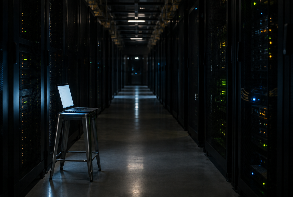 A server room aisle at night with an open laptop and nobody in front of it