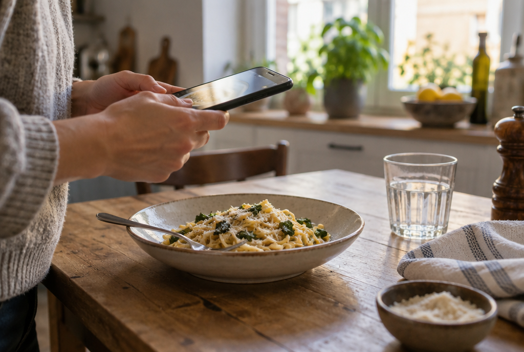 A phone held above a kitchen table to photograph a plate of pasta