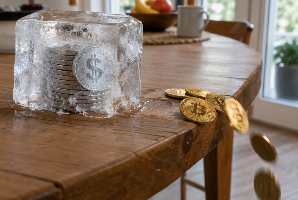 On a kitchen table, a pile of silver coins marked with the dollar sign is trapped in a big block of ice, while gold coins marked with the bitcoin symbol roll and fall off the edge of the table