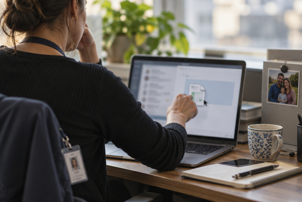 An employee at her desk accidentally drags a work document into a personal chat window on her laptop, her company badge hanging from the back of her chair and a family photo next to the screen