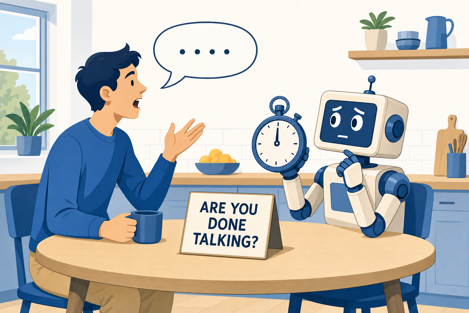 Illustration of a person speaking and a robot holding a stopwatch waiting to know if she has finished