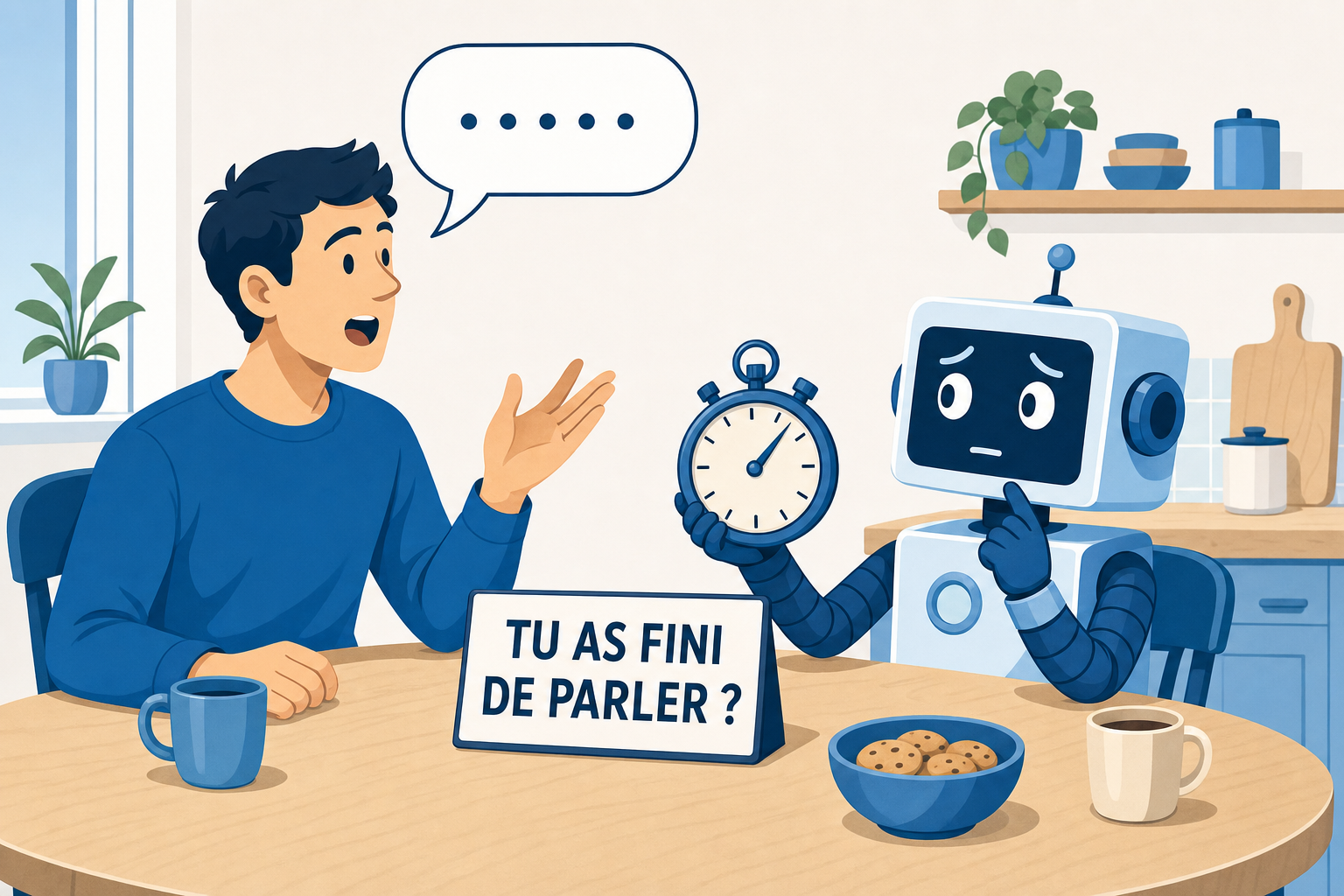 Illustration d une personne en train de parler et d un robot qui tient un chronometre en attendant de savoir si elle a fini
