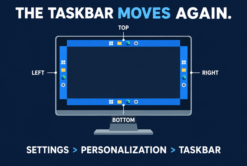 Diagram of a computer screen with the taskbar possible on all four edges: at the bottom, at the top, on the left or on the right. Path: Settings, Personalization, Taskbar, Taskbar behaviors