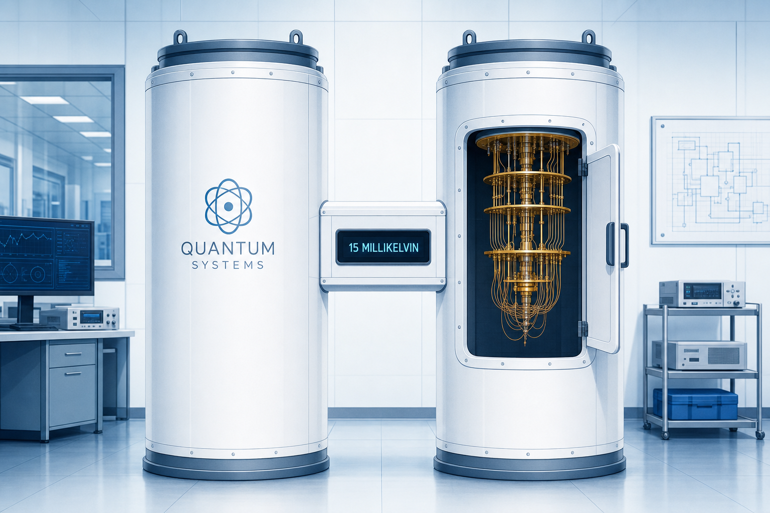 Two white cryogenic enclosures connected by a walkway, a display shows 15 millikelvins