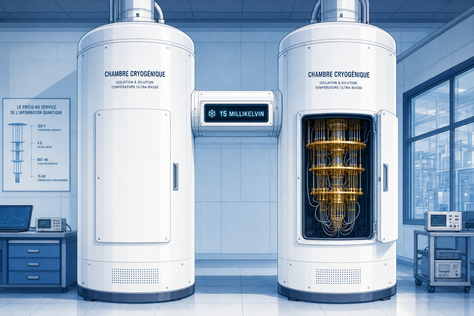 Deux enceintes cryogéniques blanches reliées par une passerelle, un afficheur indique 15 millikelvin