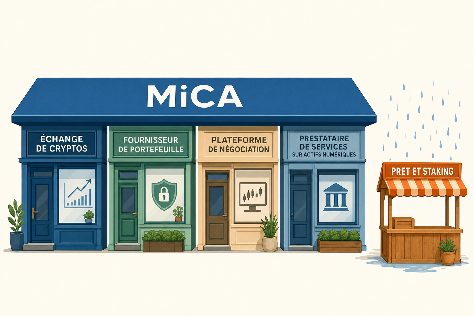 MiCA couvre quatre boutiques, le pret et le staking restent dehors