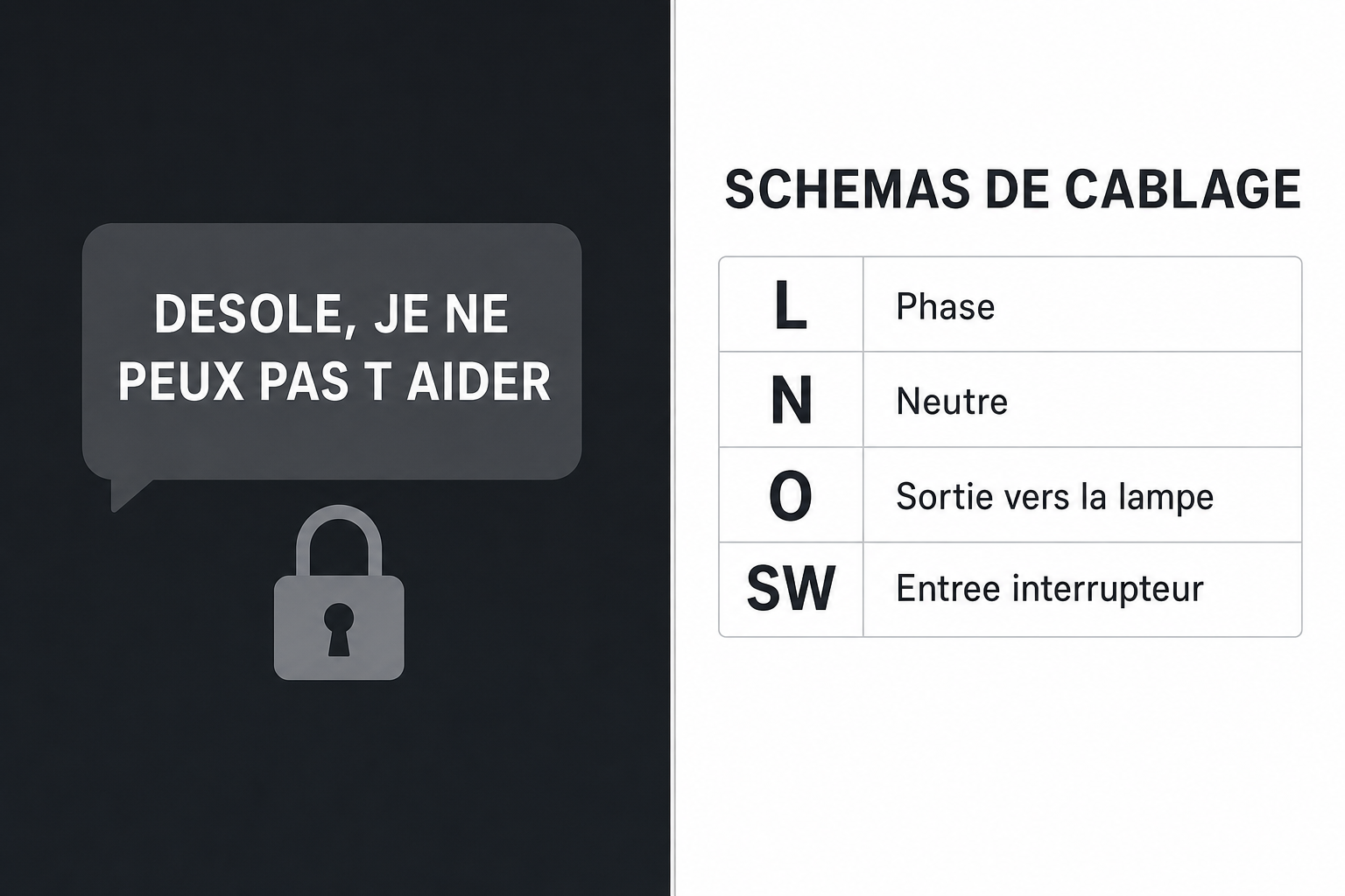 À gauche, une fenêtre de discussion qui répond qu'elle ne peut pas aider. À droite, la page du fabricant intitulée schémas de câblage, avec la légende des bornes