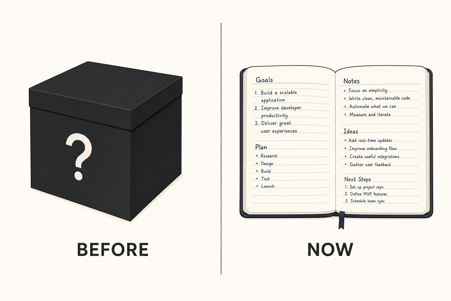 On the left a closed black box, on the right an open and readable notebook