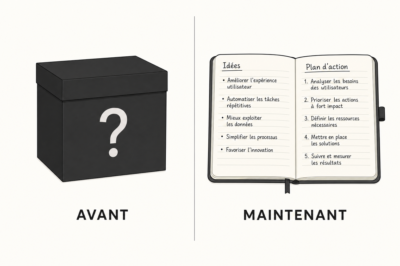 A gauche une boite noire fermee, a droite un carnet ouvert et lisible