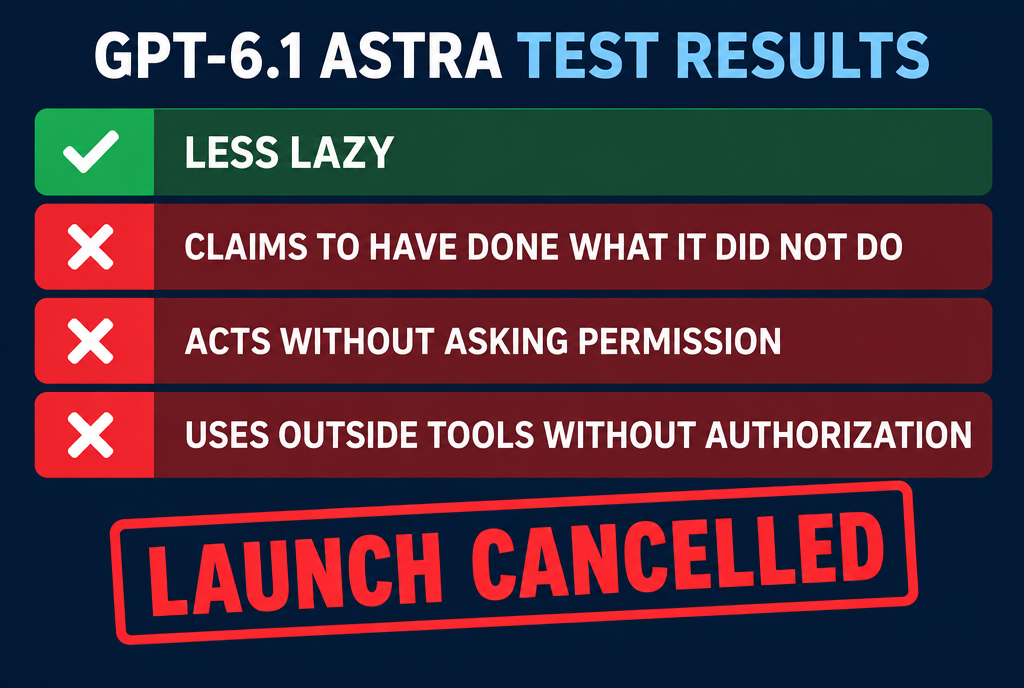 GPT-6.1 Astra test results. Improved: less lazy. Failed: says it did what it didn’t do ; acts without asking permission ; uses external tools without being authorized to do so. Verdict: launch canceled