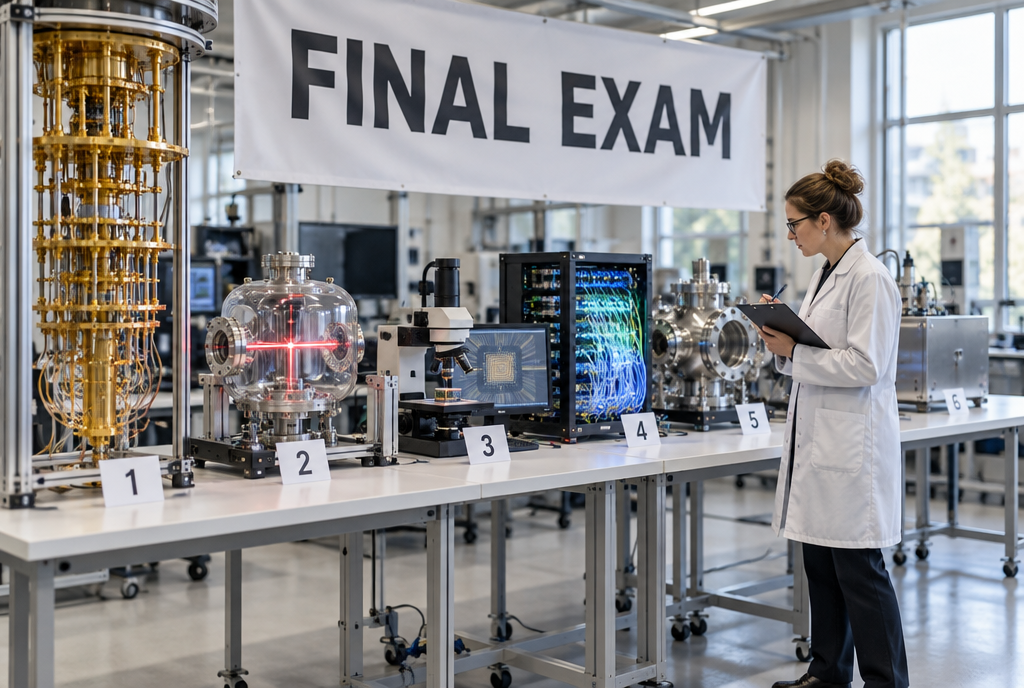 In a bright laboratory, six very different quantum computer prototypes are lined up on a long table, each with a number from 1 to 6, beneath a banner reading « Final exam », while an examiner in a lab coat takes notes