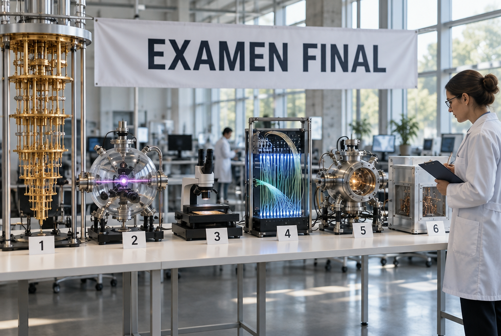 Dans un laboratoire lumineux, six prototypes d'ordinateurs quantiques très différents sont alignés sur une longue table, chacun avec un numéro de 1 à 6, sous une banderole « Examen final », pendant qu'une examinatrice en blouse prend des notes