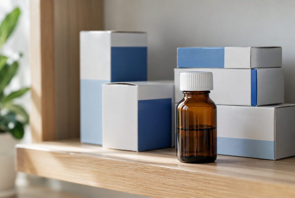 Des boîtes de médicaments et un flacon en verre ambré sur une étagère en bois