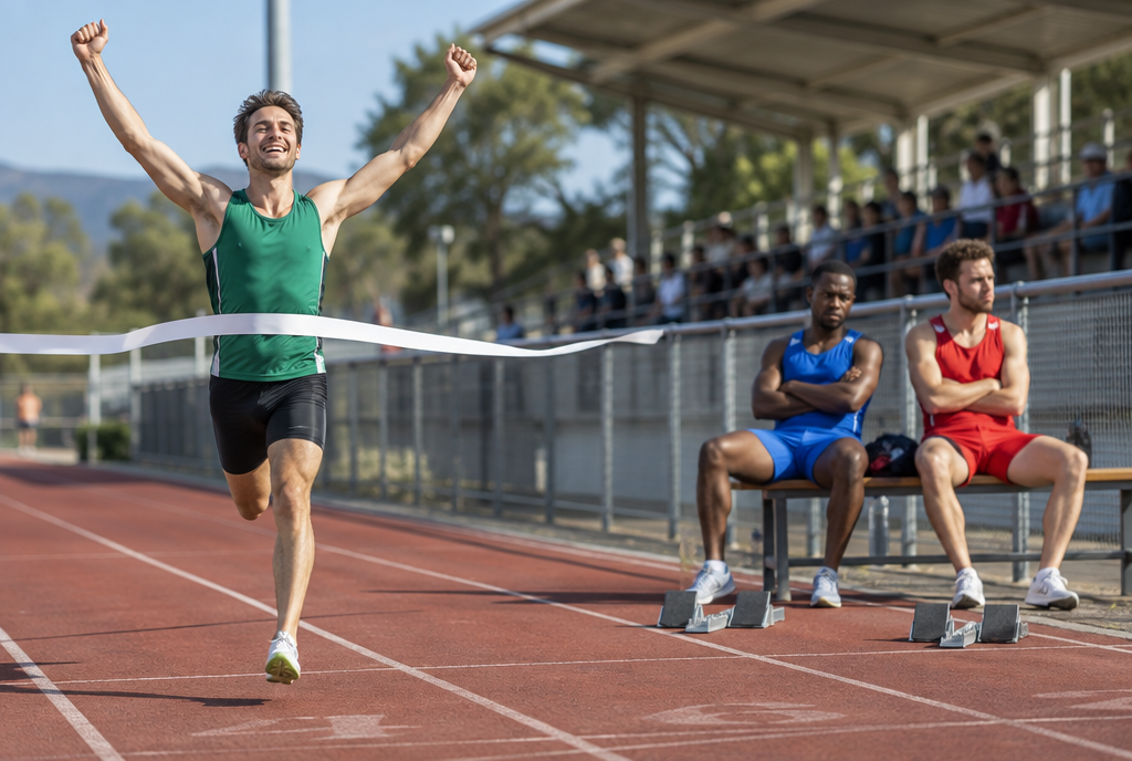 Sur une piste d'athlétisme, un seul coureur franchit la ligne d'arrivée les bras levés, pendant que deux autres coureurs sont restés assis sur le banc au bord de la piste, bras croisés, l'air buté, et refusent de courir