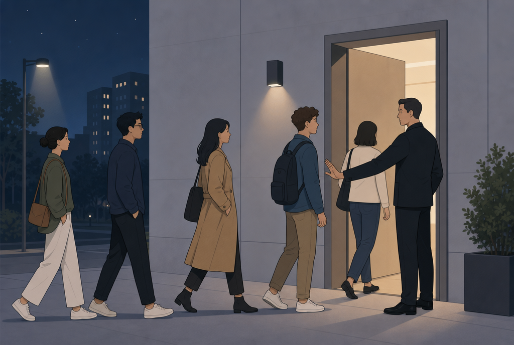 A line of people in front of a door, a gatekeeper holding one of them back with his hand while the others enter