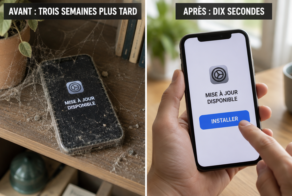 Avant et après, côte à côte : à gauche, un smartphone posé sur une étagère, couvert de poussière et de toiles d'araignée, avec à l'écran une notification « Mise à jour disponible » ignorée et l'étiquette « Avant : trois semaines plus tard » ; à droite, le même téléphone propre dans une main, un doigt qui appuie sur le bouton « Installer », avec l'étiquette « Après : dix secondes »