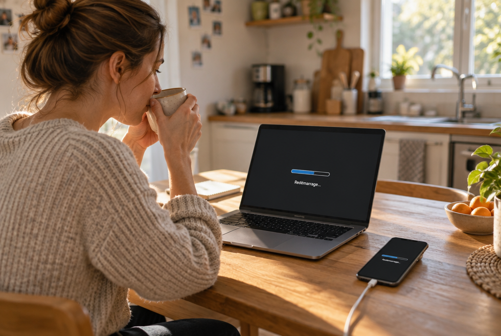 Dans une cuisine calme le matin, une personne en pull boit son café pendant que son ordinateur portable affiche une simple barre de progression de redémarrage et que son téléphone en charge redémarre à côté