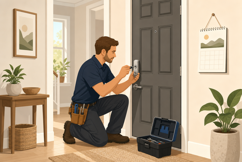 A locksmith installs a new lock on an intact front door, his toolbox open at his feet