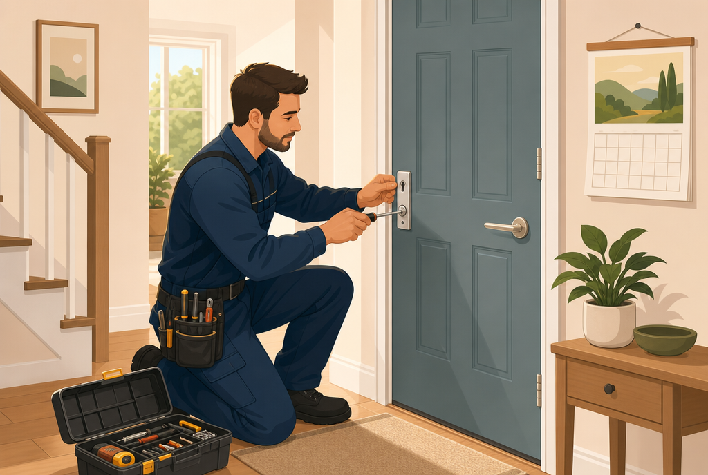 Un serrurier pose une serrure neuve sur une porte d'entrée intacte, sa caisse à outils ouverte à ses pieds