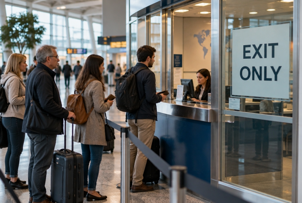 In the lobby of a European airport, a currency exchange booth with lit windows displays a large sign reading “Exit only”, while a small line of travelers calmly waits their turn with their wallets in hand