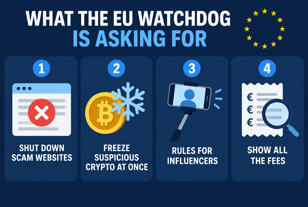 What the ESMA is asking for in its September 30, 2026 response on the revision of MiCA : one, shut down scam sites ; two, immediately freeze suspicious crypto ; three, rules for influencers ; four, display all fees