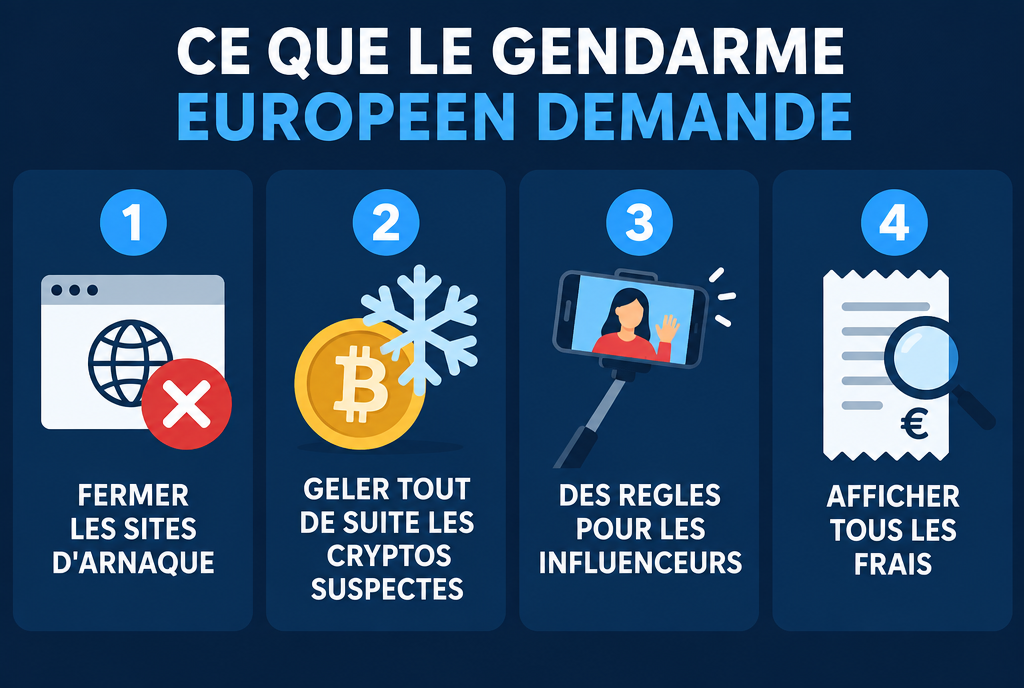 Ce que l'ESMA demande dans sa réponse du 30 septembre 2026 sur la révision de MiCA : un, fermer les sites d'arnaque ; deux, geler tout de suite les cryptos suspectes ; trois, des règles pour les influenceurs ; quatre, afficher tous les frais