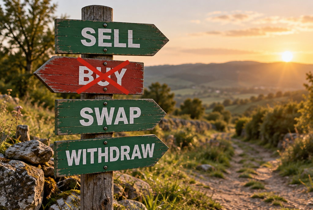 A wooden signpost beside a path, with three green arrows pointing to “Sell”, “Exchange” and “Withdraw”, and a fourth red arrow crossed out with an X pointing to “Buy”