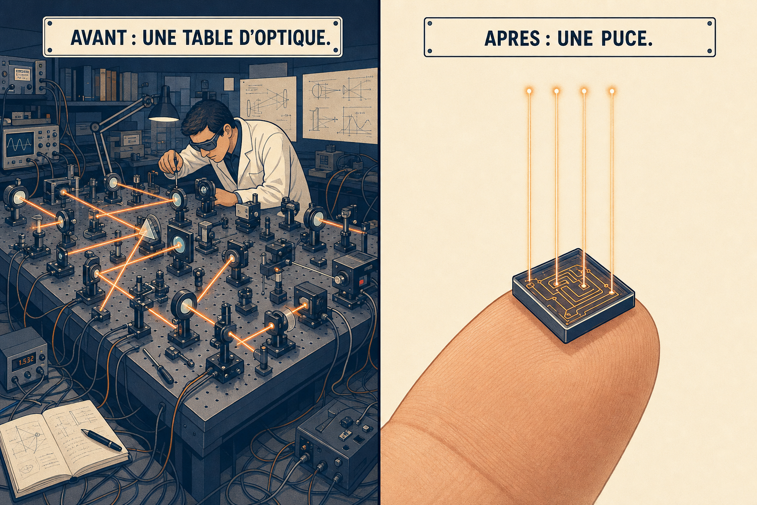 A gauche une table d'optique couverte de miroirs et de lentilles, a droite une puce sur un doigt qui emet quatre faisceaux