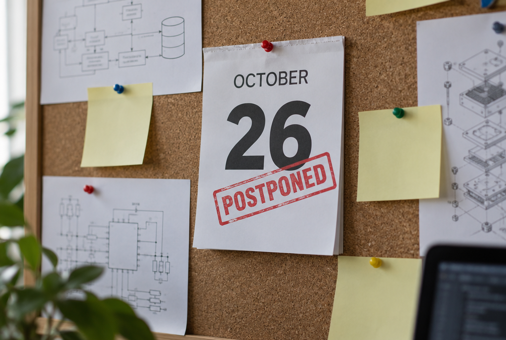 A wall calendar page on October 26 crossed out with a large red stamp reading postponed, pinned to a corkboard next to sticky notes and technical diagrams