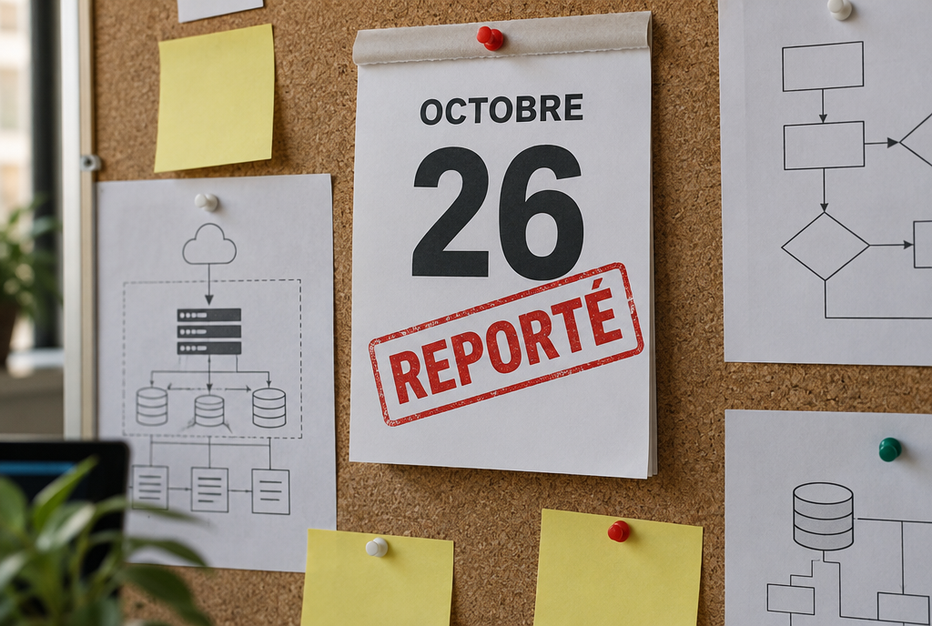 Une page de calendrier mural au 26 octobre barrée d'un grand tampon rouge qui indique reporté, épinglée sur un tableau en liège à côté de post-it et de schémas techniques