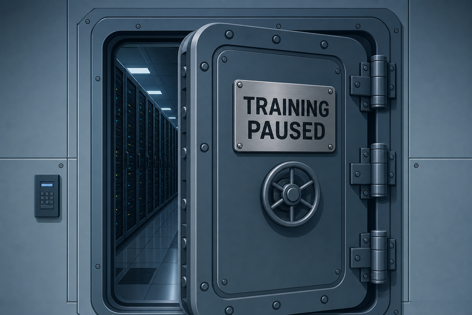 A heavy armored door to a server room closing, with a plaque indicating training paused
