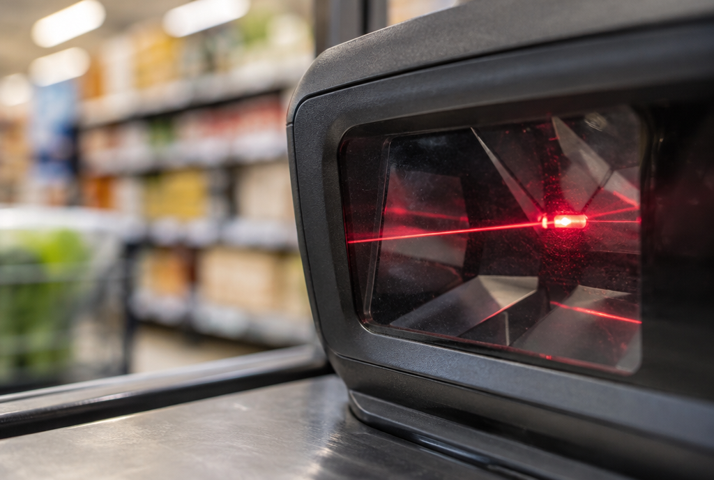 The red beam of a supermarket barcode scanner