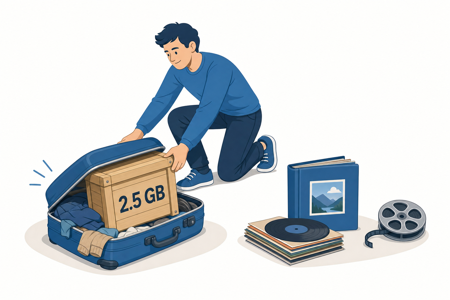 Illustration of an overstuffed suitcase from which a box of 2.5 GB is being removed, while photos and disks wait for the freed space