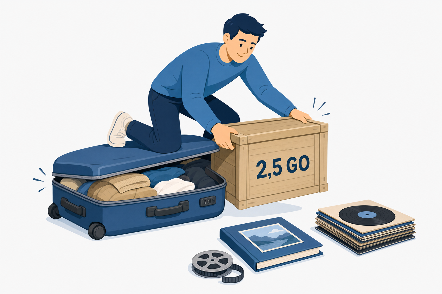 Illustration d une valise trop pleine dont on retire une caisse marquee 2,5 Go, pendant que des photos et des disques attendent la place liberee